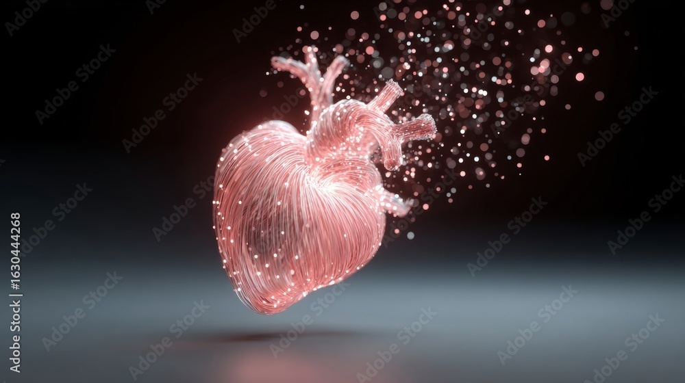 Poster a heart made of pink string is floating in the air. the heart is surrounded by a cloud of pink spark