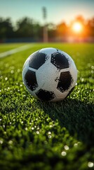 Obraz premium A soccer ball sitting on a green grass field at sunset