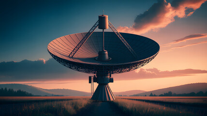 Majestic satellite dish on rural horizon at sunset for science, astronomy, and technology projects