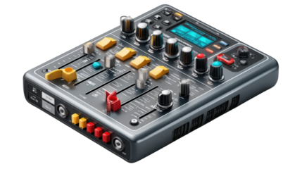 Audio Mixer: A detailed, high-angle shot of a sleek, modern audio mixer, showcasing its array of faders, knobs, and buttons, perfect for sound engineering or music production.