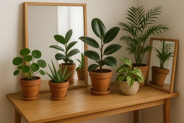 A collection of potted plants graces a wooden table, their lush greenery reflecting off the mirror behind them, creating an intimate and peaceful space