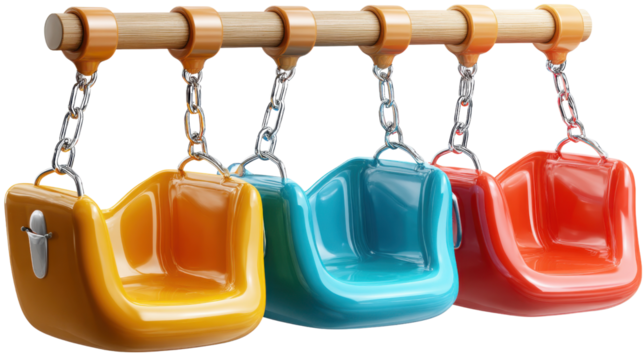Colorful Swings in Playtime Paradise: A vibrant collection of children's swings hangs in a cheerful playground setting, painted in bold primary colors, ready for endless hours of fun.