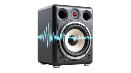 Obraz premium Acoustic Dynamics: A modern audio speaker with a wave emanating from its core, symbolizing the power of sound and music in a digital age. 