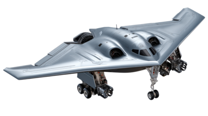Stealth Bomber Aircraft: A high-angle, detailed view showcases the advanced design of a stealth bomber aircraft, highlighting its sleek aerodynamics and powerful presence.