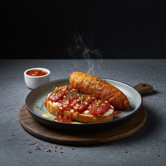 Steaming Fried Item and Gourmet Savory Toast with Red Sauce.