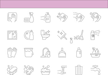 Collection of hand drawn line art icons representing various cleaning tasks and supplies for home and professional use
