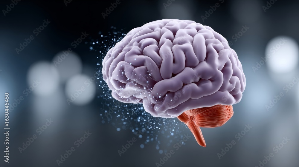 Poster a brain with a red dot on it is shown in a blurry background. the brain is surrounded by a cloud of 