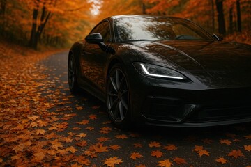A Black Sports Car on a Leaf-Strewn Road