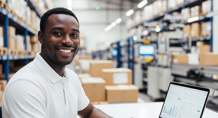 Smiling warehouse worker with laptop in front of shelves filled with boxes in a distribution center