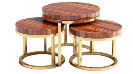 Modern Coffee Table Ensemble: A sophisticated trio of stylish coffee tables showcases a minimalist design. The warm wood tops are elegantly contrasted with sleek metallic legs.