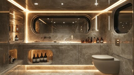 Obraz premium Luxurious, modern bathroom with stone walls and curved windows