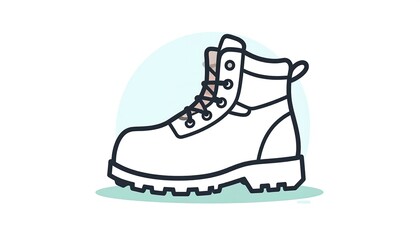 Simple line drawing of a white hiking boot on a light blue and green background