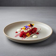 Sophisticated Red Fruit Dessert with Cream and Floral Garnish.