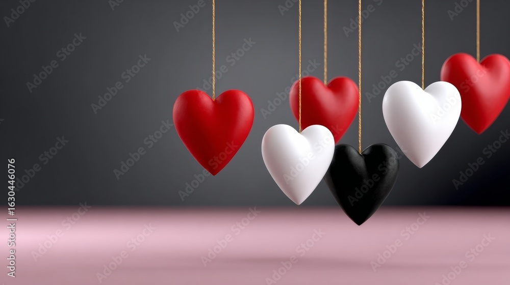 Poster a row of hearts hanging from a string, some red and some white. the hearts are suspended in the air,