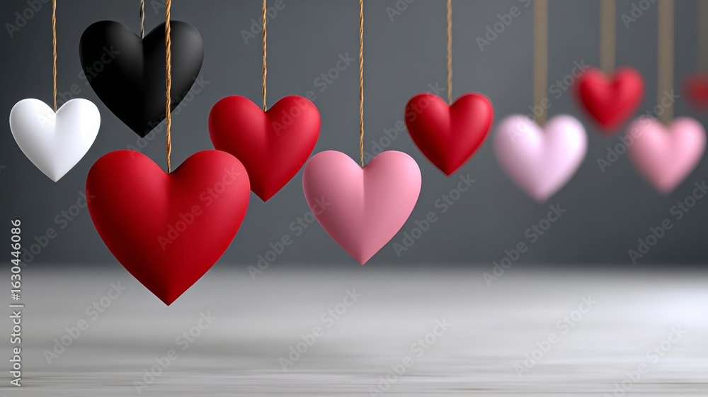 Aufkleber a row of hearts hanging from a string, some red and some white. the red hearts are larger than the w