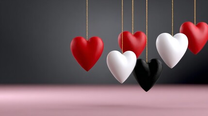 A row of hearts hanging from a string, some red and some white. The hearts are suspended in the air, creating a sense of movement and lightness. The image conveys a feeling of love and affection