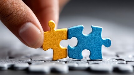 A hand holding two puzzle pieces, one yellow and one blue. Concept of teamwork and collaboration, as the two pieces fit together to form a complete picture