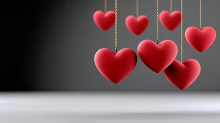 A series of red hearts hanging from a string. The hearts are suspended in the air and appear to be floating. Concept of love and romance, as the hearts are often associated with these emotions