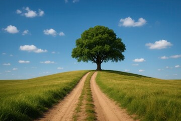 Obraz premium A Lone Tree on a Winding Path in a Verdant Field Under a Clear Blue Sky