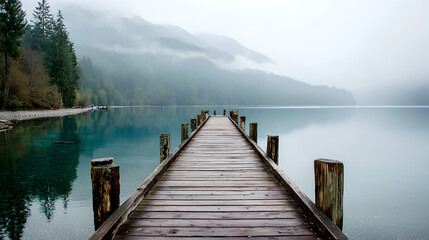 Fototapeta premium Wooden Pier Extending into Misty Teal Lake