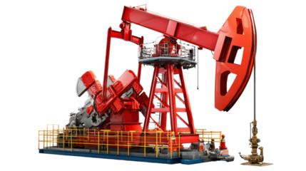 Industrial Red Pump Jack at Work: A vivid red pump jack stands in operation, extracting valuable resources in a photorealistic depiction of industry and energy.
