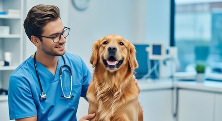 A smiling veterinarian in scrubs with stethoscope and a happy golden retriever dog in a vet clinic
