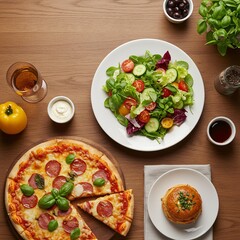 Delicious Pizza and Fresh Salad Meal on Wooden Table, Top View.