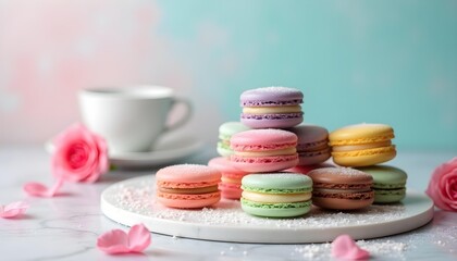 A high-resolution, aesthetically styled image of assorted French macarons displayed on a marble or pastel-toned background. The macarons are neatly arranged in a row or stacked in a tower, featuring v