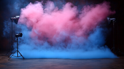 Obraz premium Colorful smoke fills a studio space, with pink and blue hues blending together, illuminated by professional lighting equipment creating a vibrant atmosphere for photography
