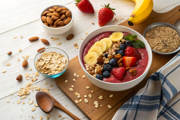 Wholesome Breakfast Flat Lay – Superfood Smoothie Bowl with Berries and Nuts
