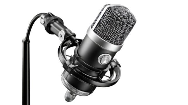 Studio Microphone: A sleek, professional studio microphone with a pop filter sits ready, poised to capture perfect audio recordings. The image is bathed in the sharp focus of the shot.