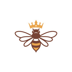 Royal Bee with Crown, Simple Logo Design, Honeycomb Stripes, Vector Illustration.