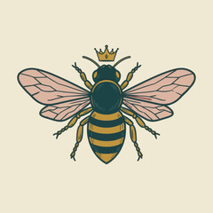 Regal Bee with Crown Illustration in Vintage Style