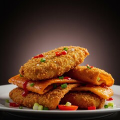 Crispy Fried Appetizers Stacked with Sauce, Peppers, and Onions.