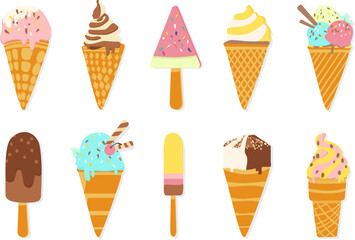 Collection isolated ice-cream cones on white background Set of Ice cream, vector illustration. Sweet summer delicacy sundaes, gelatos with different tastiest, collection isolated ice-cream .