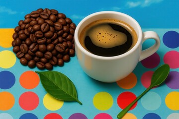 Indulge in the rich aroma of freshly brewed coffee with a side of gourmet beans on a colorful polka dot tablecloth, accompanied by a spoon ready to stir