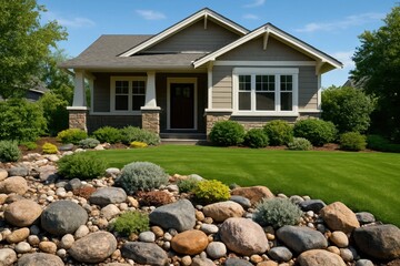A serene suburban home nestled amidst a lush garden of varied rocks and vibrant greenery, under a clear blue sky