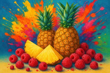 pineapples and raspberries bursting with color against a backdrop of abstract, multicolored splashes