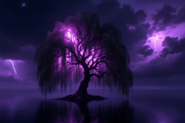 Glowing purple willow tree in stormy night with lightning strikes image