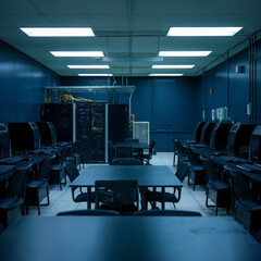 Dark colorful servers center room with computers and storage systems.