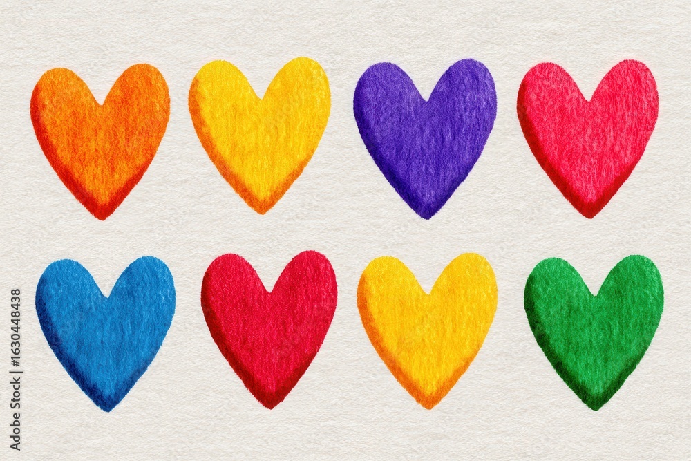 Aufkleber vibrant crayon-crafted hearts in an array of diverse colors symbolizing love and connection against 