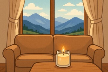 A serene evening unfolds in a cozy living room, where the warmth of a flickering candle casts a gentle glow on the tranquil mountain view through the window