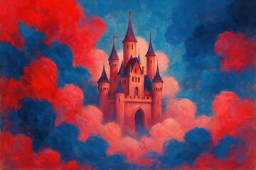 A whimsical castle of red and blue hues floats serenely amidst a sea of clouds, embodying the magic of dreams