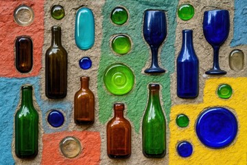 An array of colorful glass bottles and glasses adorns a textured wall, creating a vibrant mosaic that captures the essence of creativity and artistic expression