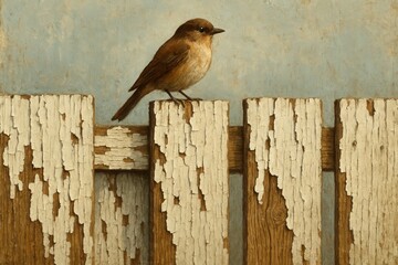 A solitary songbird perches on a weathered fence post, its gaze fixed on the distant horizon