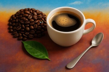 A freshly brewed cup of coffee accompanied by a heap of rich, dark coffee beans and a solitary spoon rests on a textured surface, evoking the simple pleasures of a morning routine