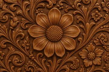 An intricate wooden floral design showcasing a large central flower with surrounding petals and leaves, all rendered in a rich brown hue