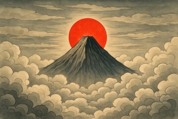 A Mountainous Dusk Over Clouds with a Radiant Red Sun