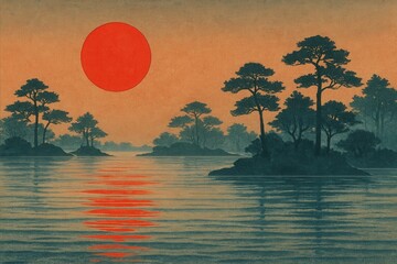 A Serene Landscape with a Glowing Red Sun Over a Reflective Lake