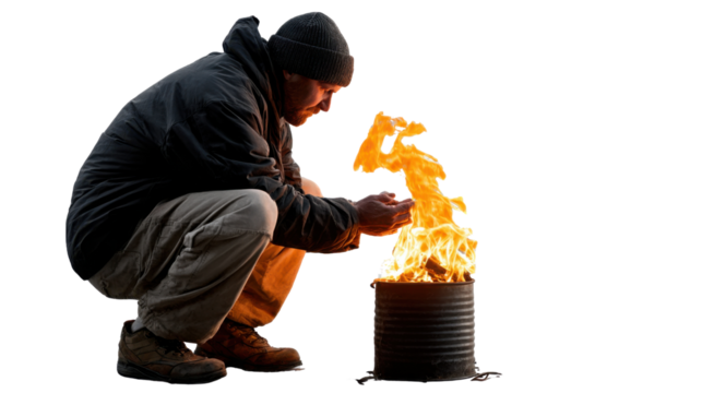 Warming Hands by the Fire: A figure, huddled and focused, attempts to start fire, with the dance of flames casting an ethereal glow on their features, telling a tale of resilience. - Powered by Adobe